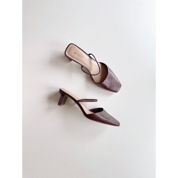 ALDO Afean Dark Brown Burgundy Leather Square Toe Slip On Mules Slides, Size 7 - Picture 1 of 12